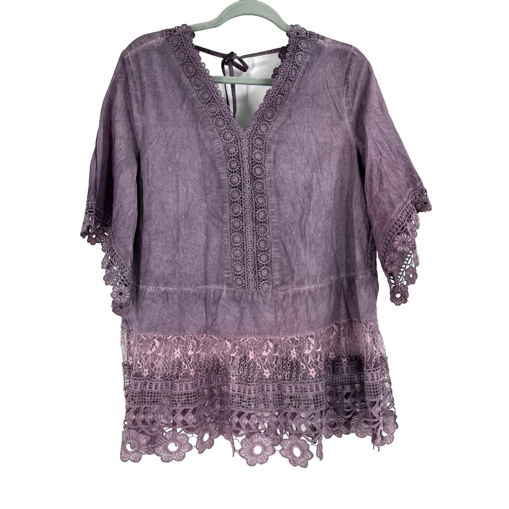 Indigo Thread Co Crinkle Gauze Crochet Blouse Women's L Ballon Whimsy Fairy Boho